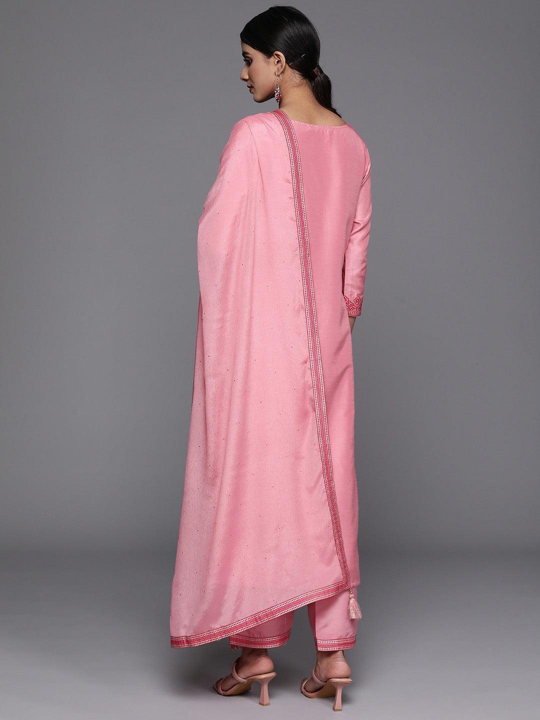 Pink Woven Design Silk Blend Straight Kurta With Trousers & Dupatta