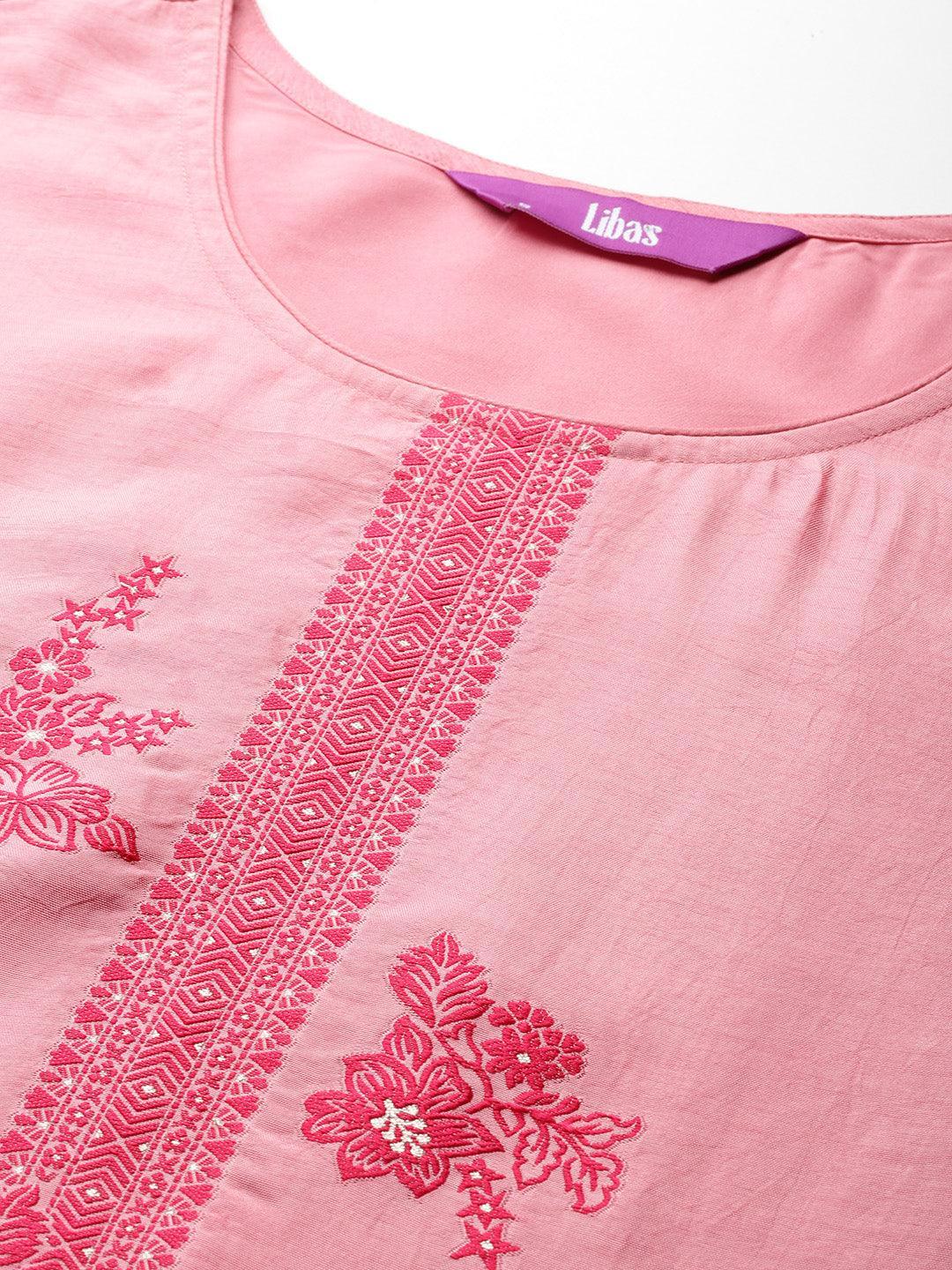 Pink Woven Design Silk Blend Straight Kurta With Trousers & Dupatta - Libas