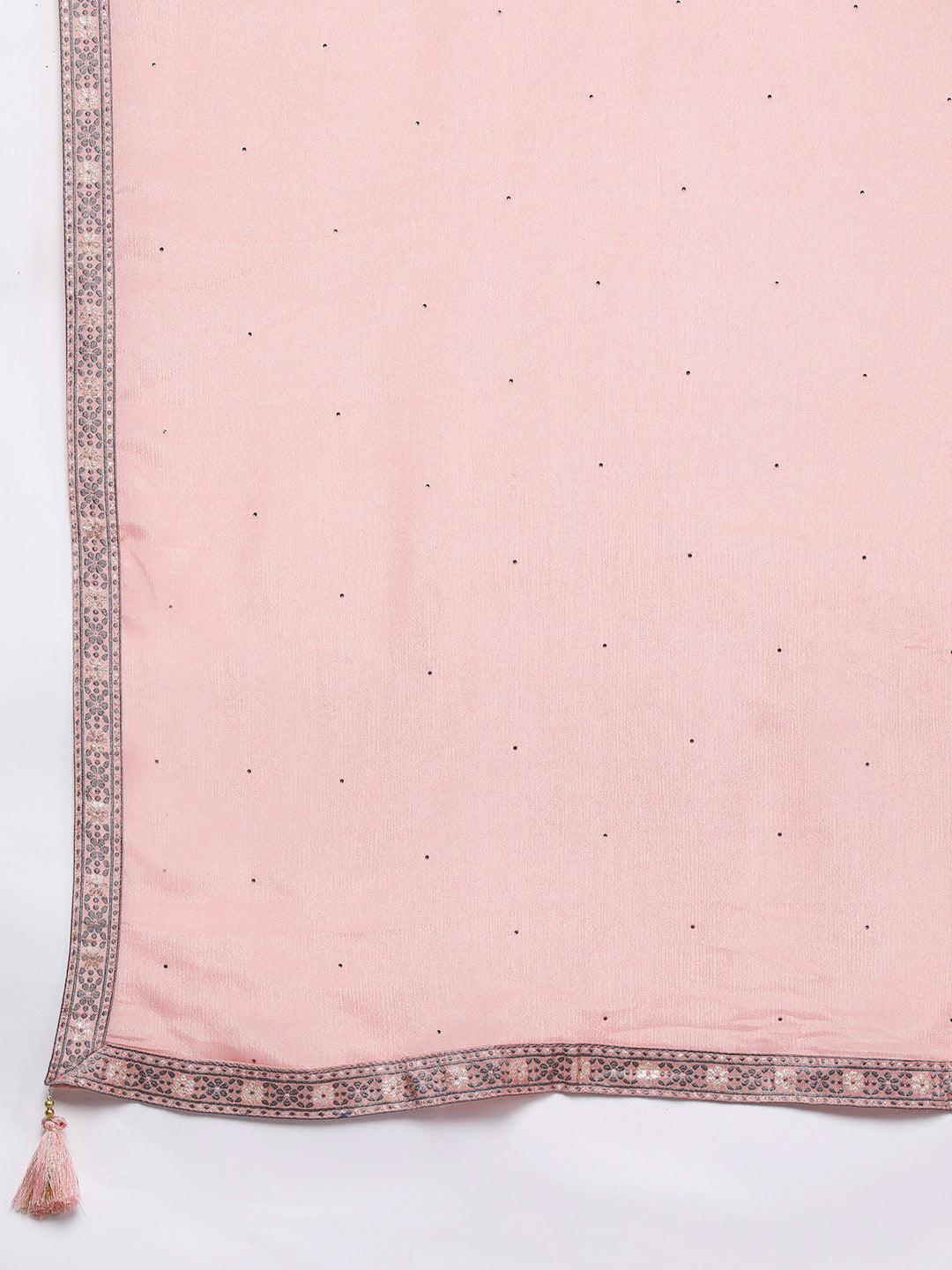 Pink Woven Design Silk Blend Straight Kurta With Trousers & Dupatta