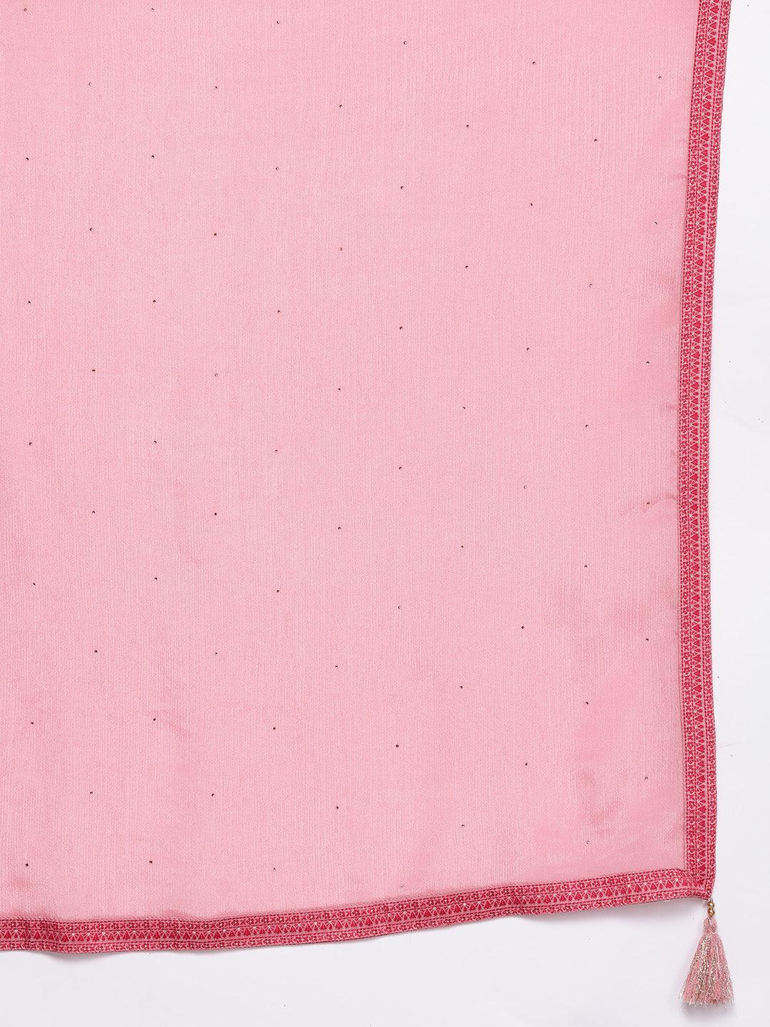 Pink Woven Design Silk Blend Straight Kurta With Trousers & Dupatta - Libas