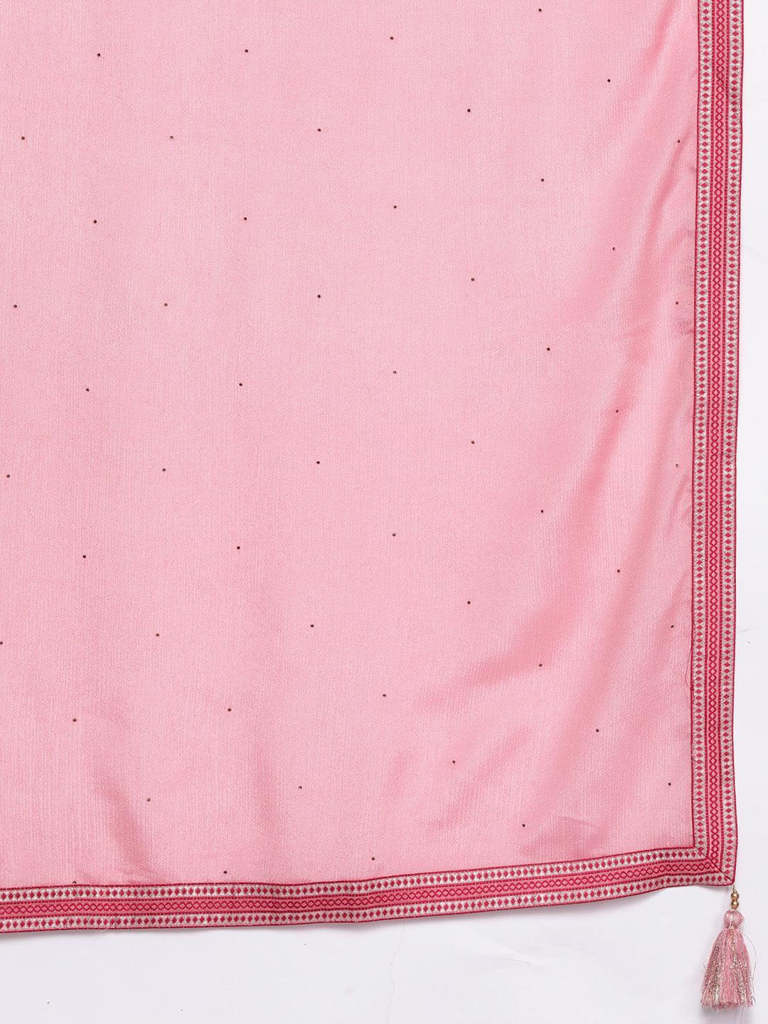 Pink Woven Design Silk Blend Straight Kurta With Trousers & Dupatta - Libas