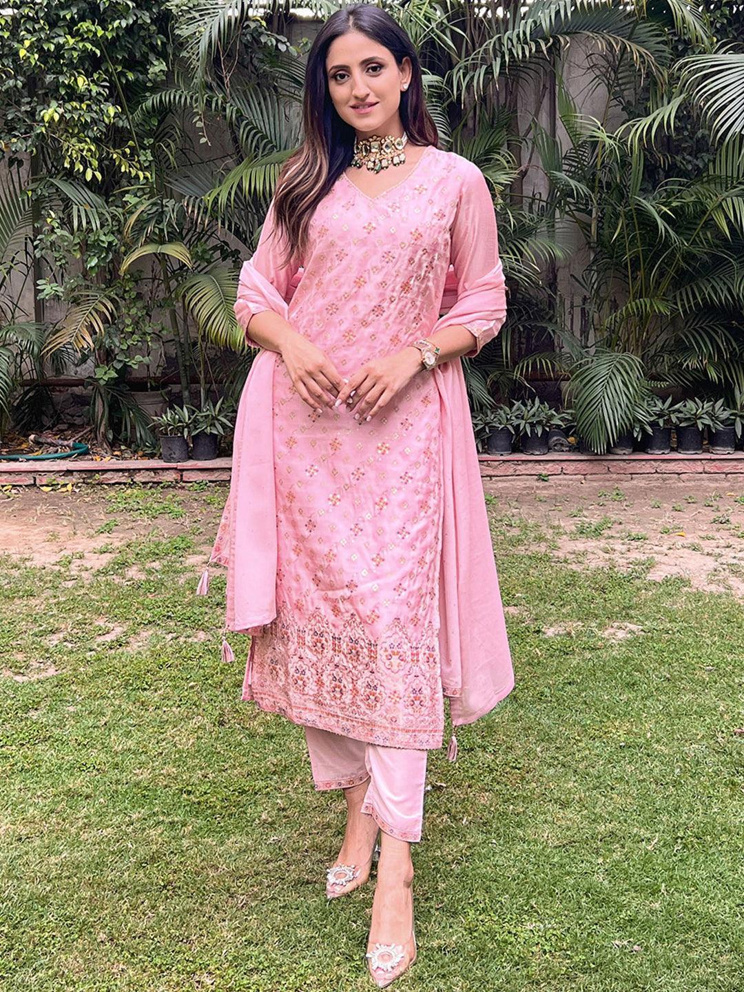 Pink Woven Design Silk Suit Set