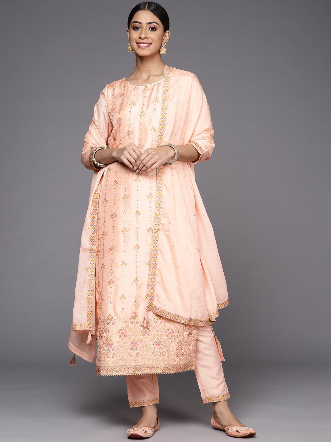 Pink Woven Design Silk Suit Set - ShopLibas