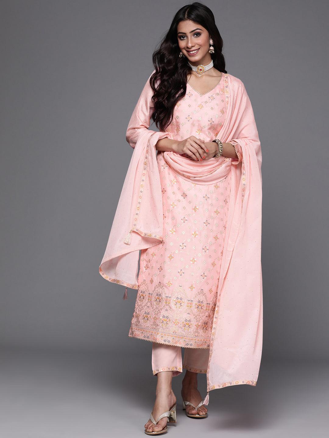 Pink Woven Design Silk Suit Set