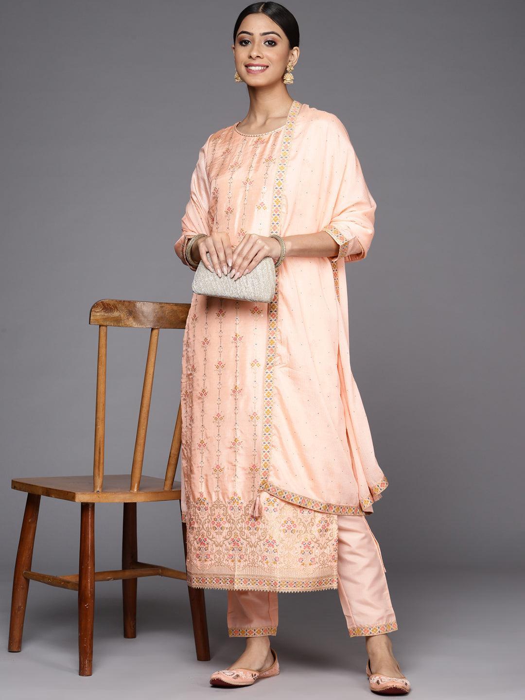 Pink Woven Design Silk Suit Set - ShopLibas