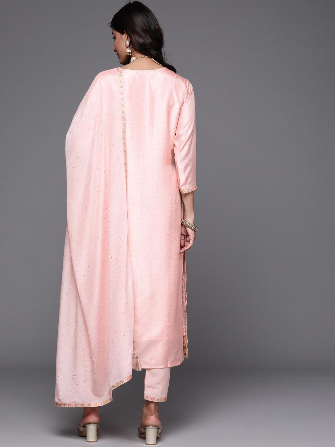 Pink Woven Design Silk Suit Set