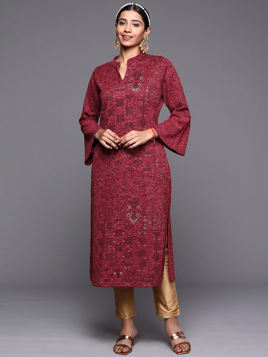 Pink Woven Design Wool Straight Kurta