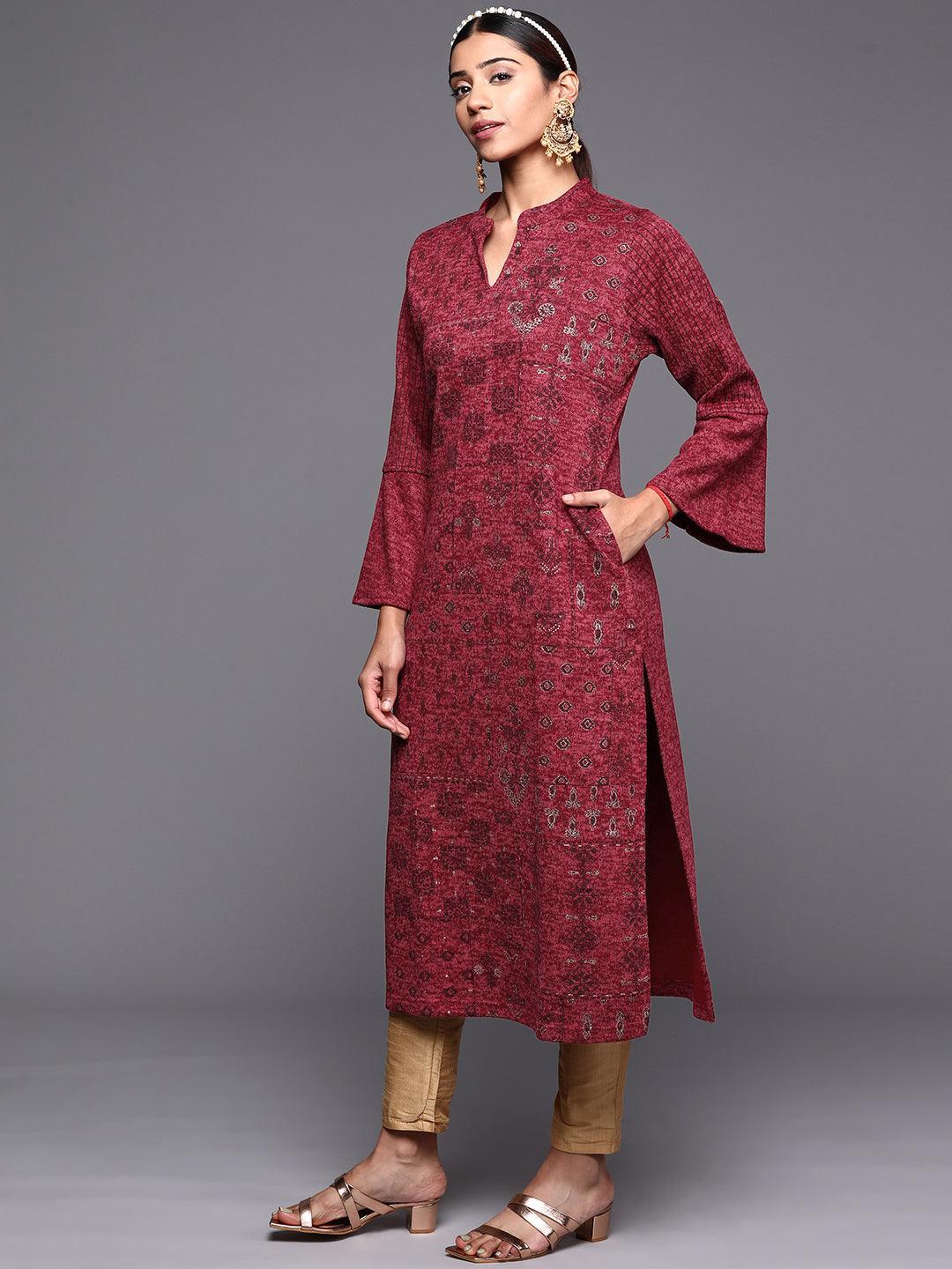 Pink Woven Design Wool Straight Kurta