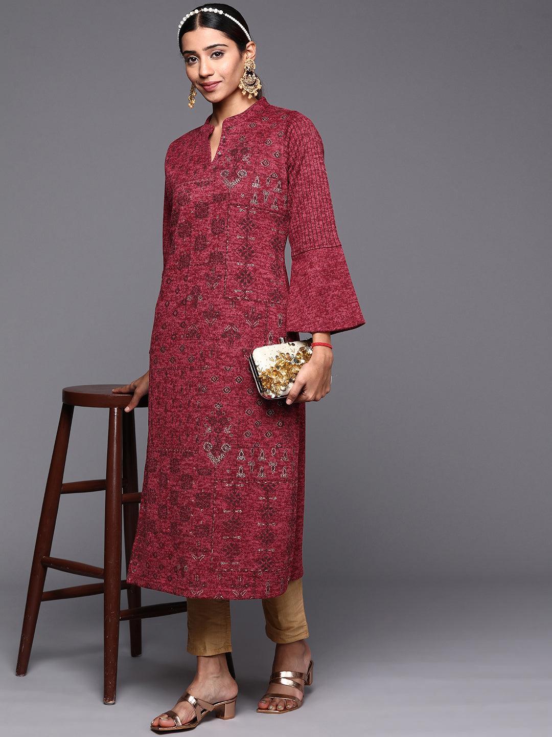 Pink Woven Design Wool Straight Kurta