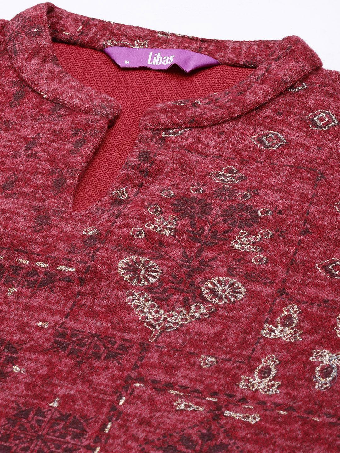 Pink Woven Design Wool Straight Kurta