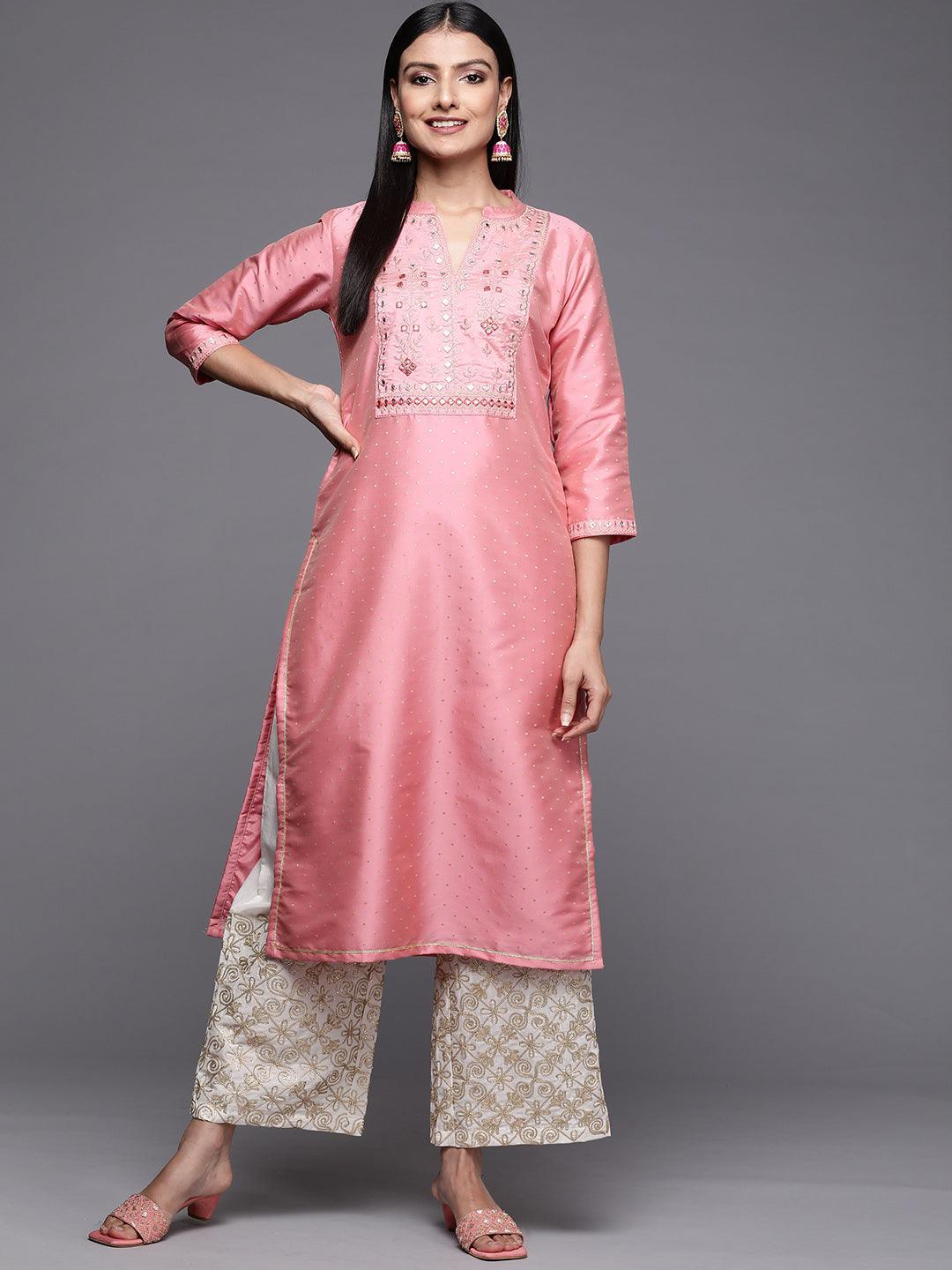 Pink Yoke Design Art Silk Straight Kurta - Libas