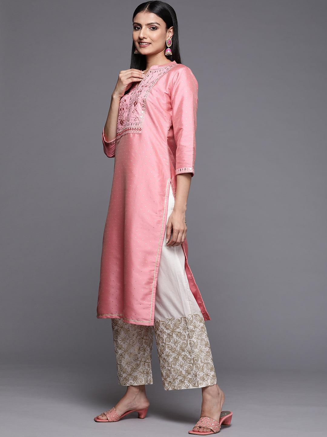 Pink Yoke Design Art Silk Straight Kurta - Libas