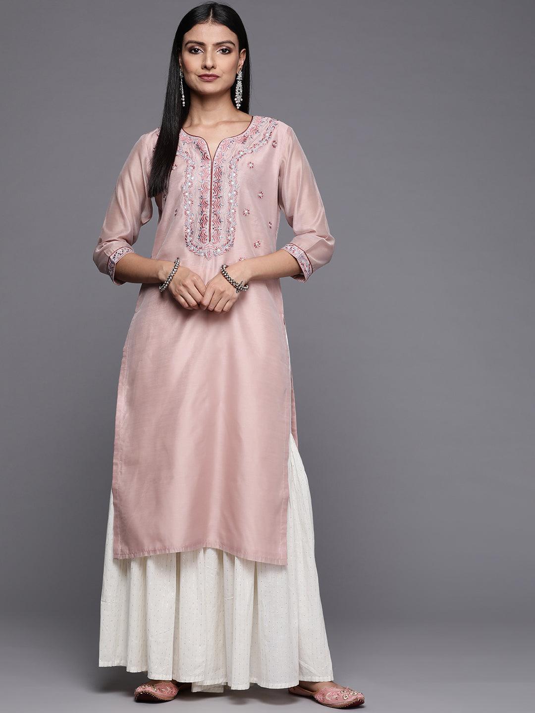 Pink Yoke Design Chanderi Cotton Straight Kurta