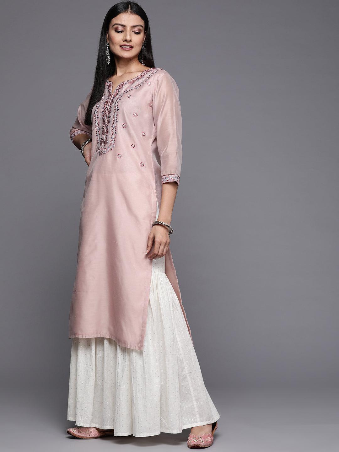 Pink Yoke Design Chanderi Cotton Straight Kurta