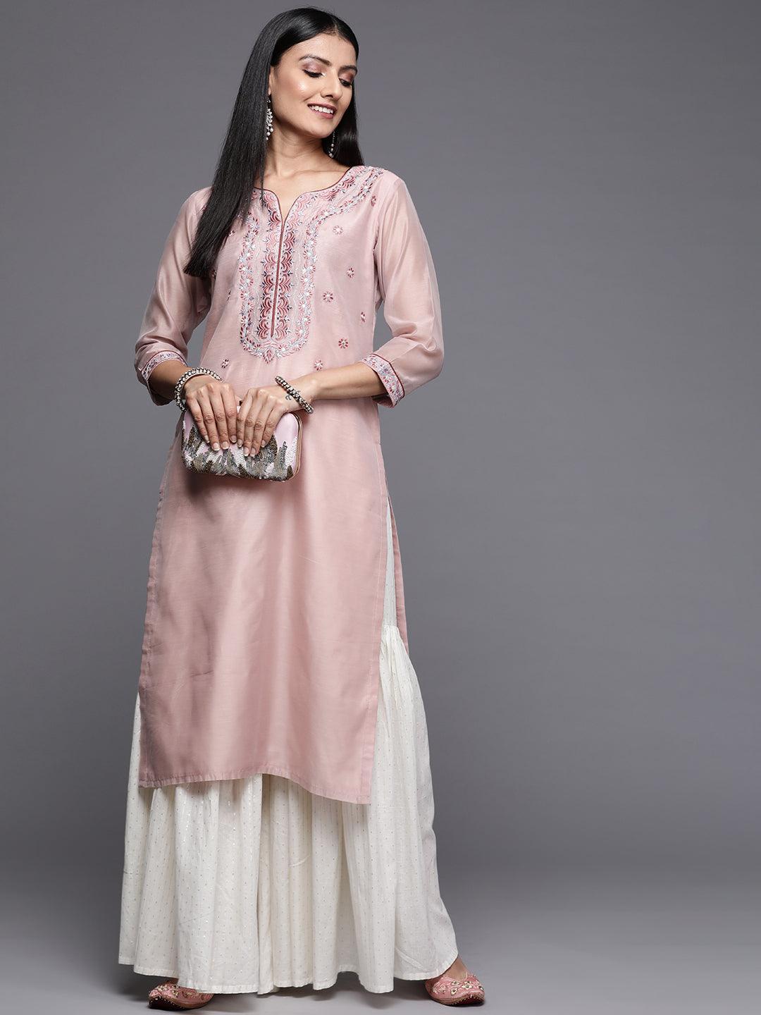 Pink Yoke Design Chanderi Cotton Straight Kurta