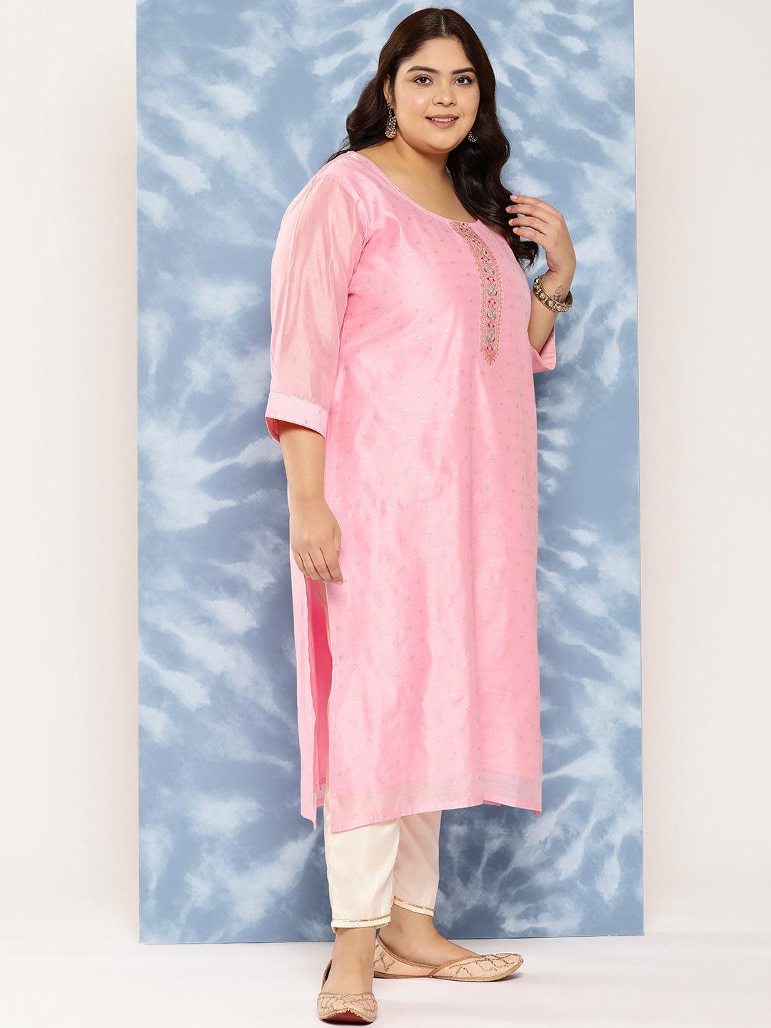 Pink Yoke Design Chanderi Silk Straight Kurta