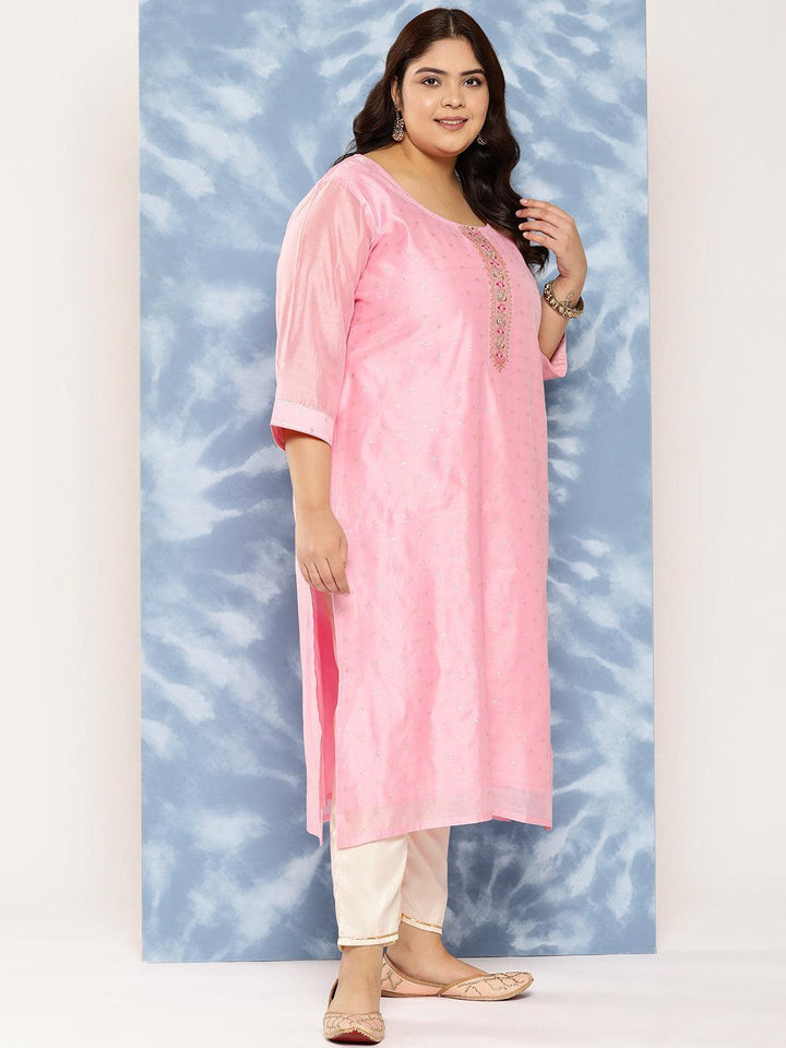 Pink Yoke Design Chanderi Silk Straight Kurta - Libas