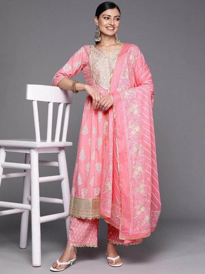 Pink Yoke Design Cotton Anarkali Suit Set With Palazzos - Libas