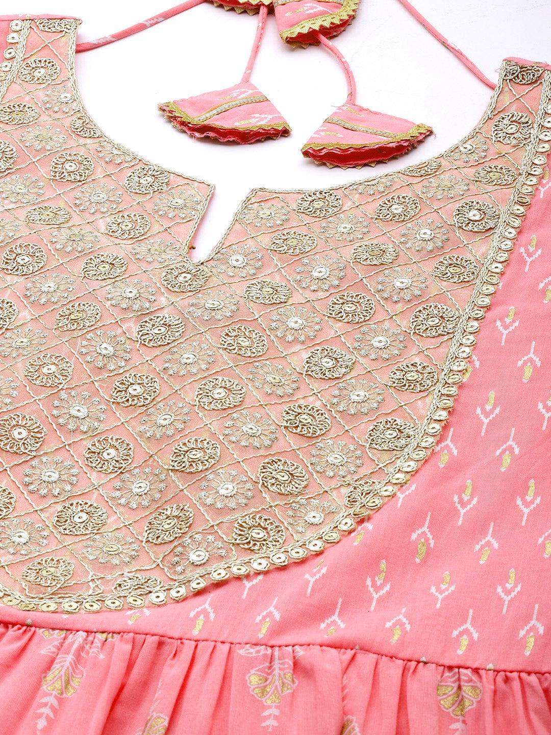 Pink Yoke Design Cotton Anarkali Suit Set With Palazzos - Libas