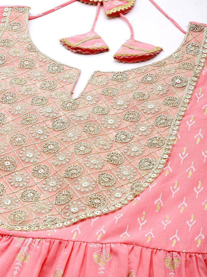 Pink Yoke Design Cotton Anarkali Suit Set With Palazzos - Libas