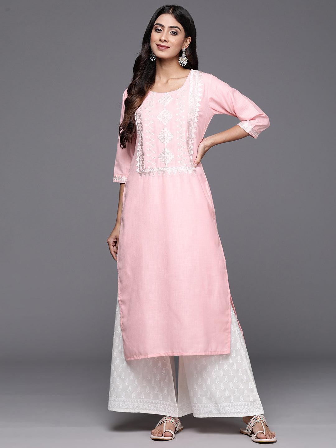 Pink Yoke Design Cotton Straight Kurta