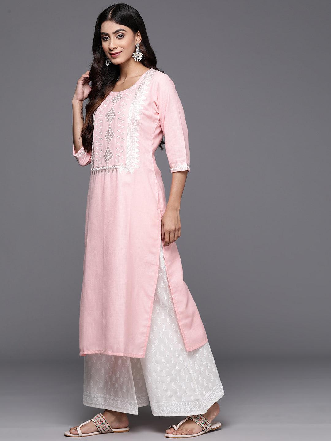 Pink Yoke Design Cotton Straight Kurta