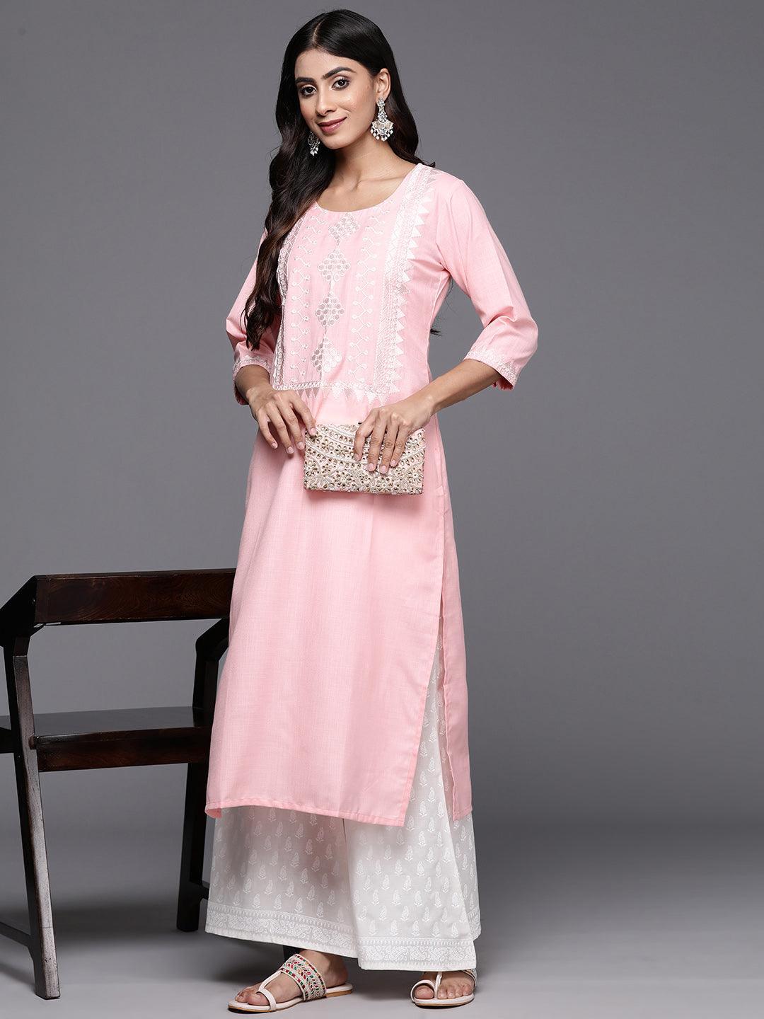 Pink Yoke Design Cotton Straight Kurta