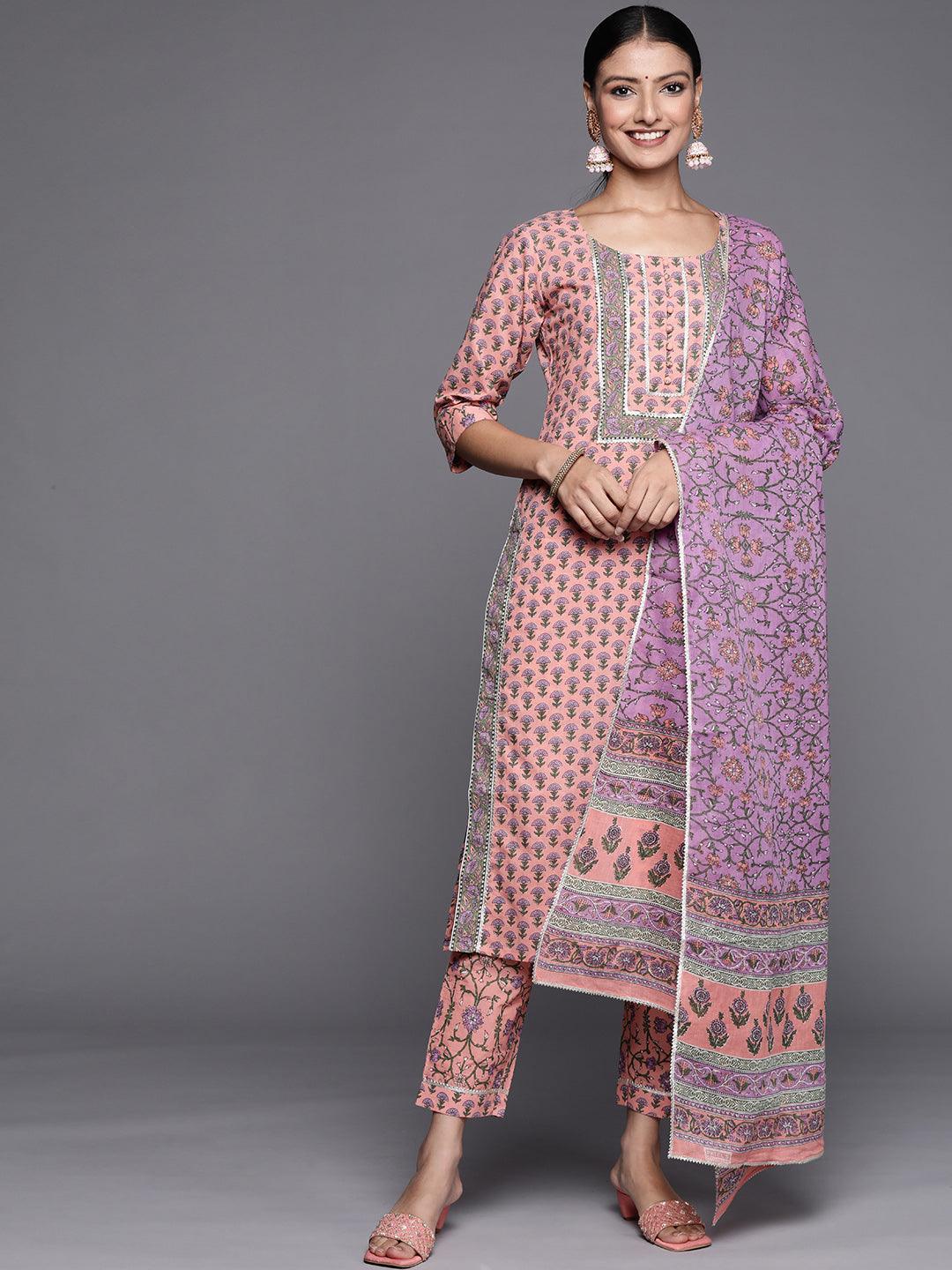 Pink Yoke Design Cotton Straight Suit Set