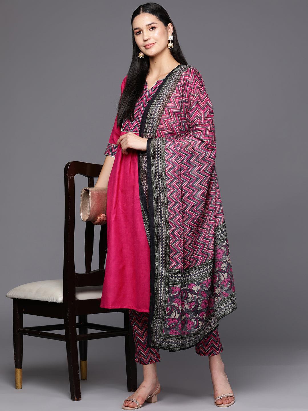 Pink Yoke Design Cotton Straight Suit Set With Trousers