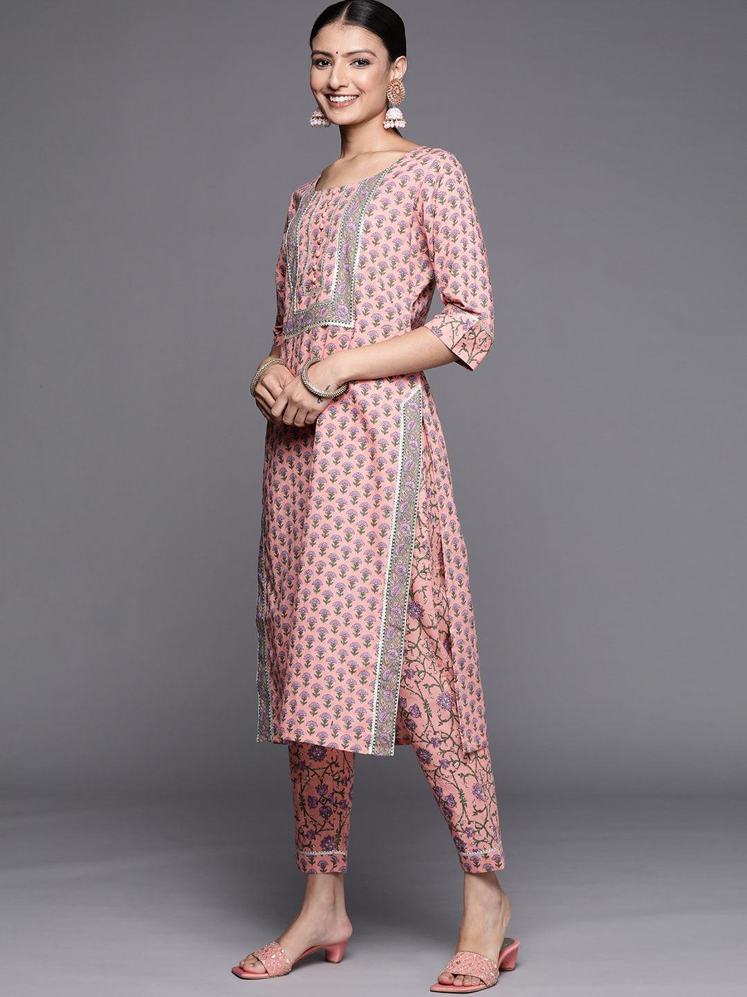 Pink Yoke Design Cotton Straight Suit Set