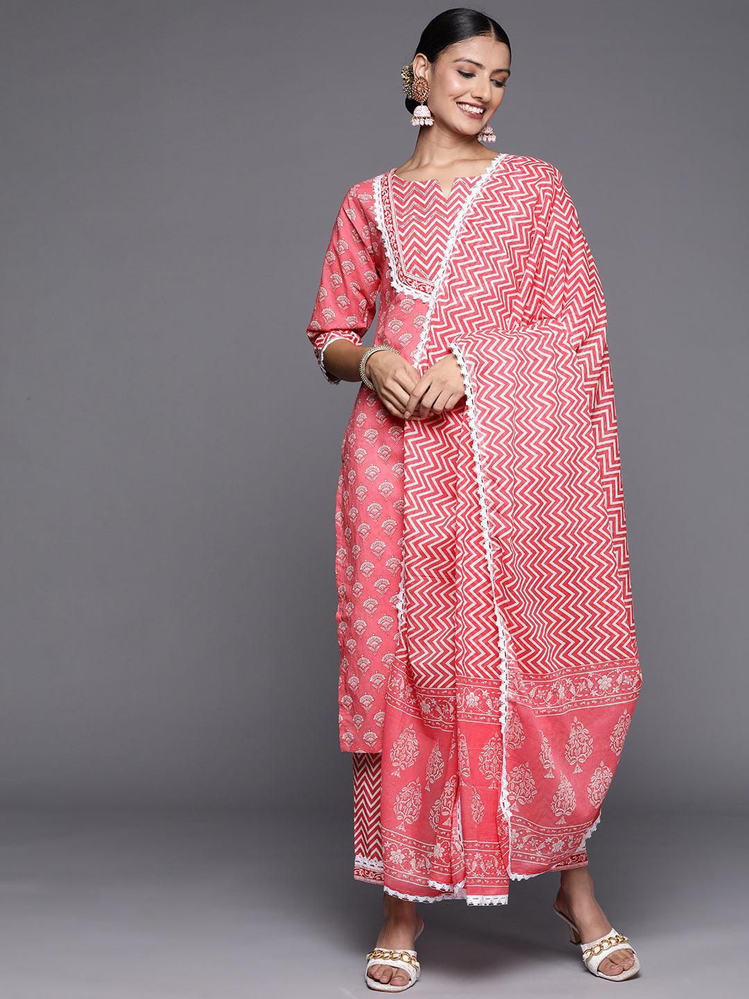 Pink Yoke Design Cotton Straight Suit Set