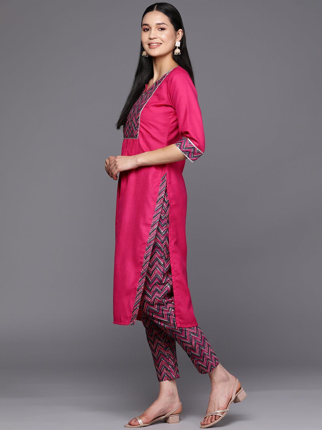 Pink Yoke Design Cotton Straight Suit Set With Trousers