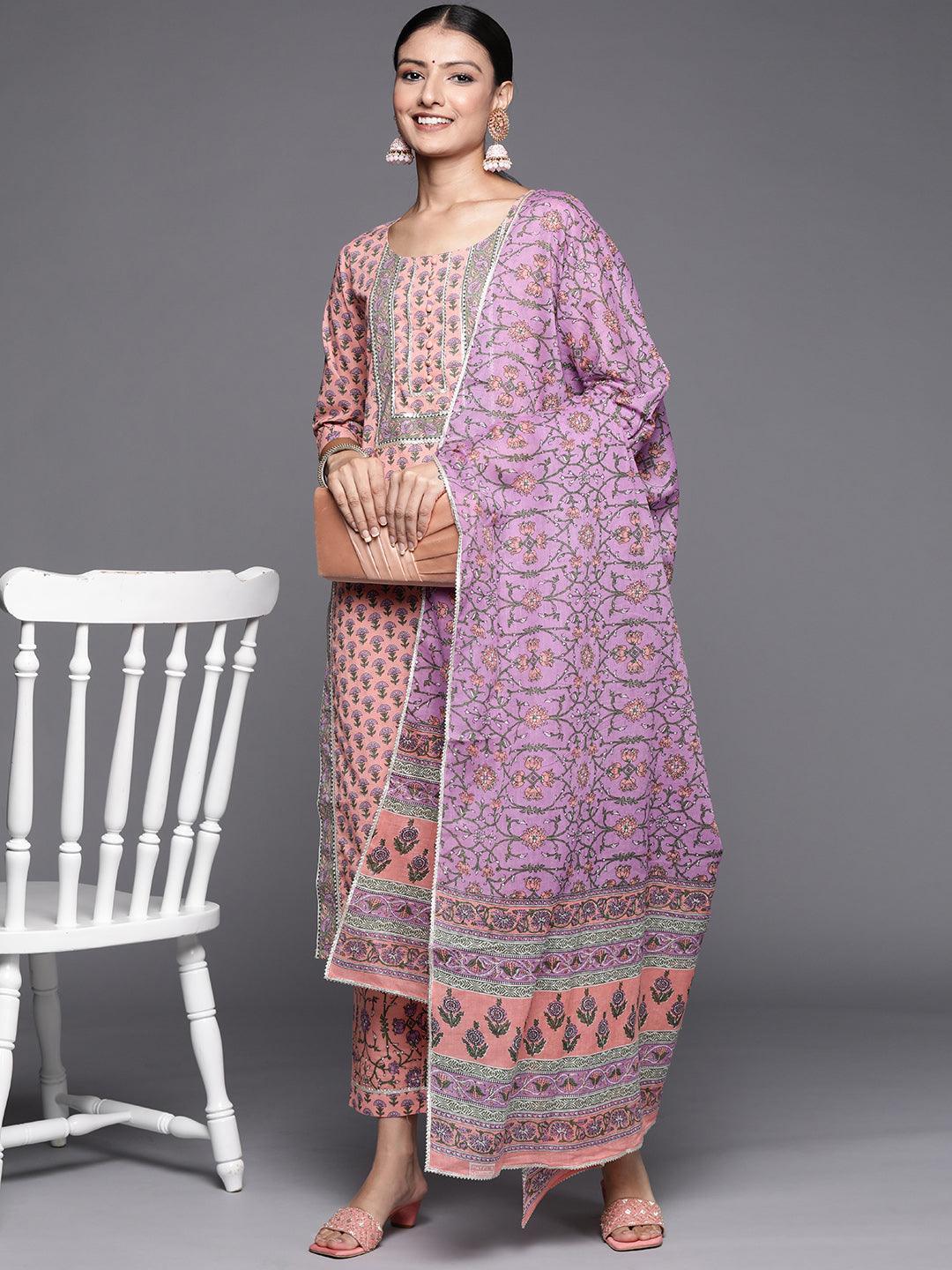 Pink Yoke Design Cotton Straight Suit Set