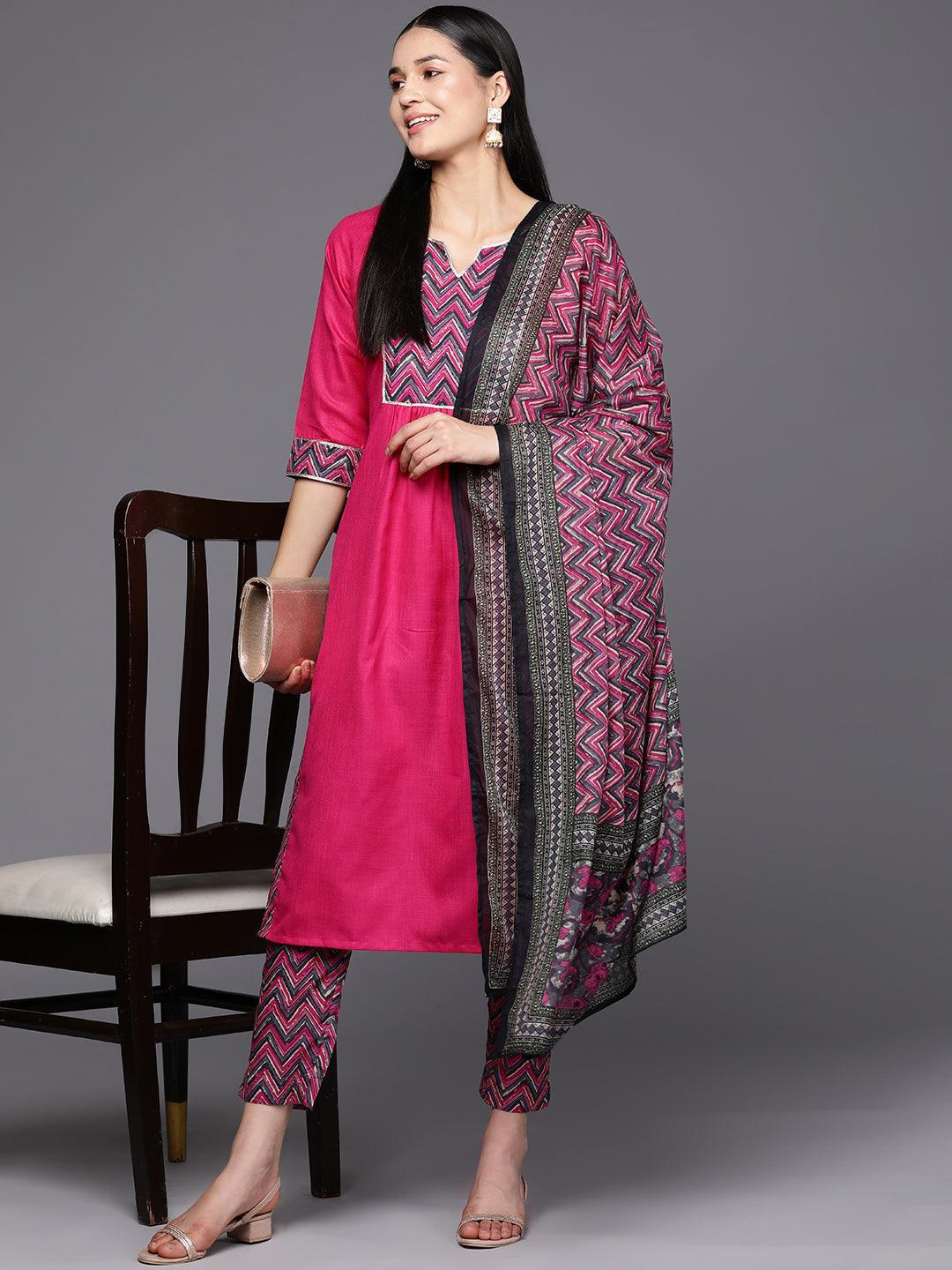 Pink Yoke Design Cotton Straight Suit Set With Trousers