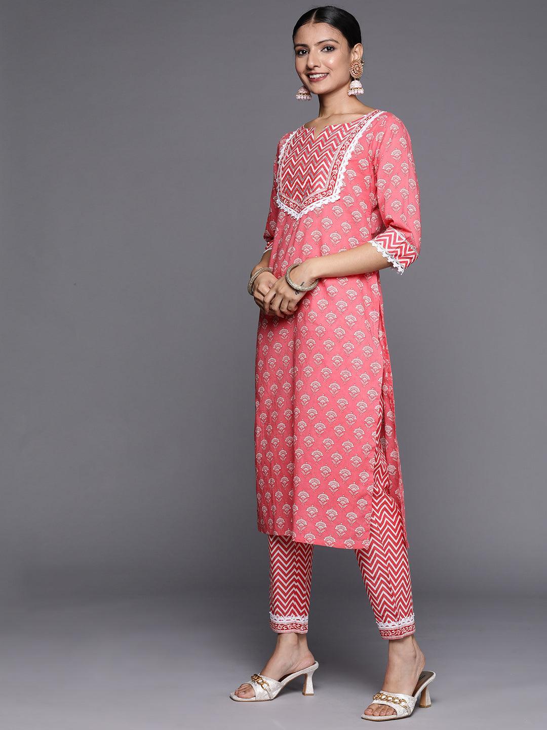 Pink Yoke Design Cotton Straight Suit Set