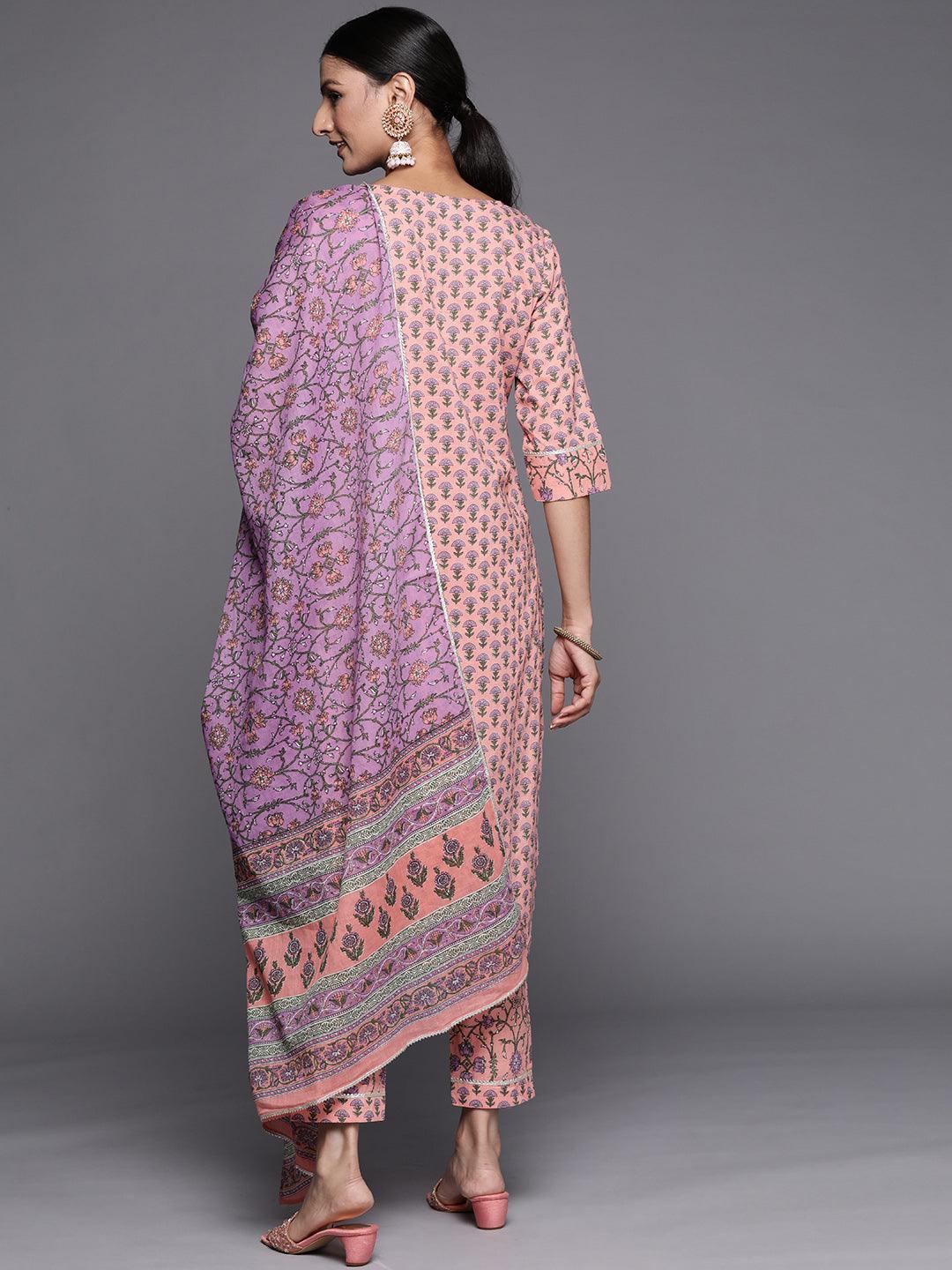 Pink Yoke Design Cotton Straight Suit Set