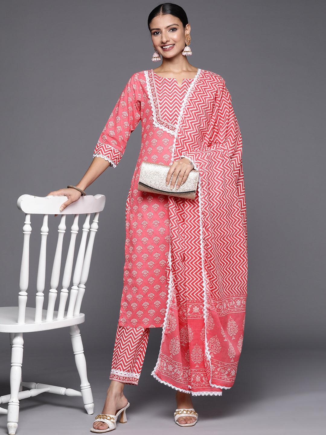 Pink Yoke Design Cotton Straight Suit Set