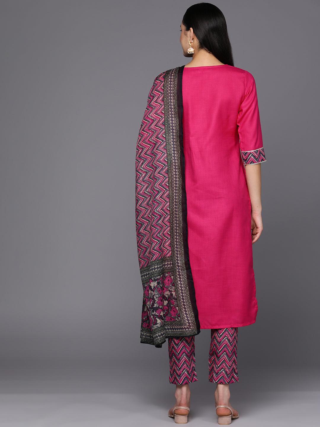 Pink Yoke Design Cotton Straight Suit Set With Trousers