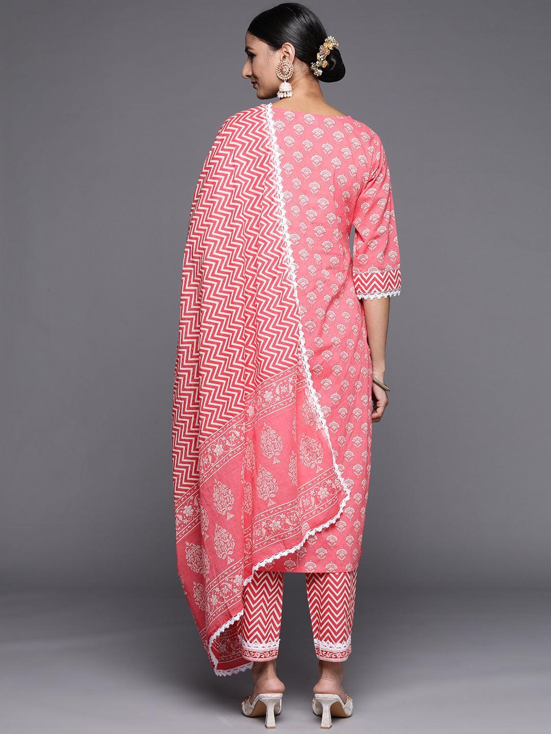 Pink Yoke Design Cotton Straight Suit Set