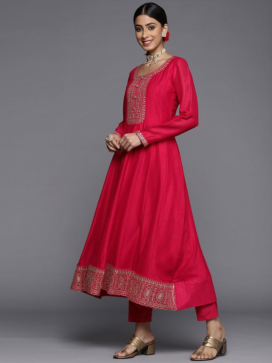 Pink Yoke Design Silk Blend Anarkali Suit Set