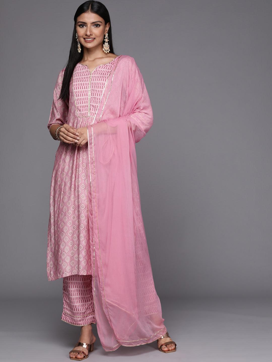 Pink Yoke Design Silk Blend Straight Suit Set