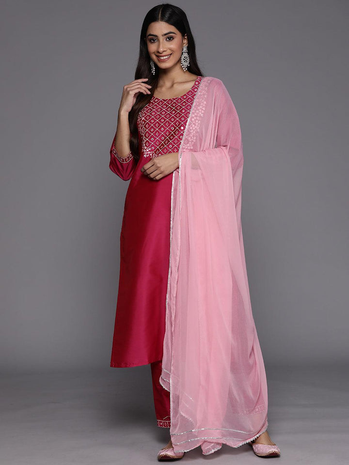 Pink Yoke Design Silk Blend Suit Set With Trousers - ShopLibas