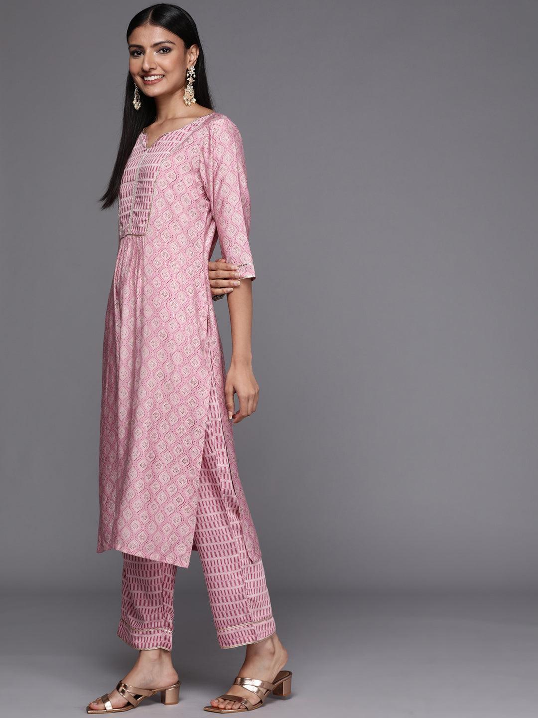 Pink Yoke Design Silk Blend Straight Suit Set