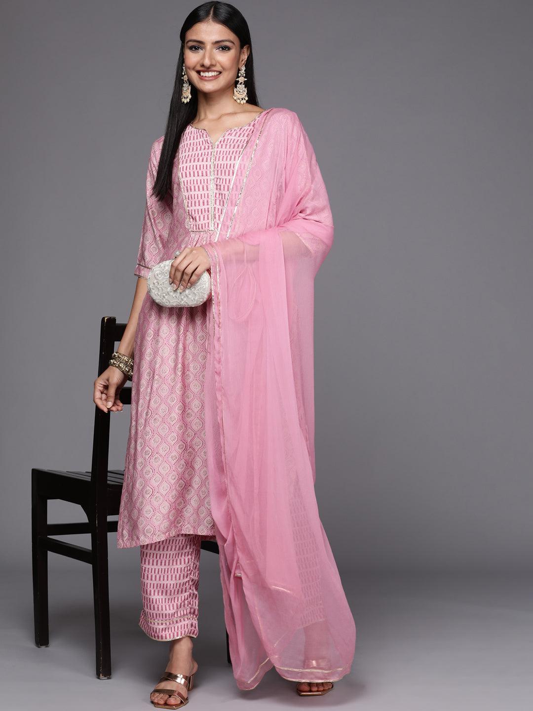 Pink Yoke Design Silk Blend Straight Suit Set