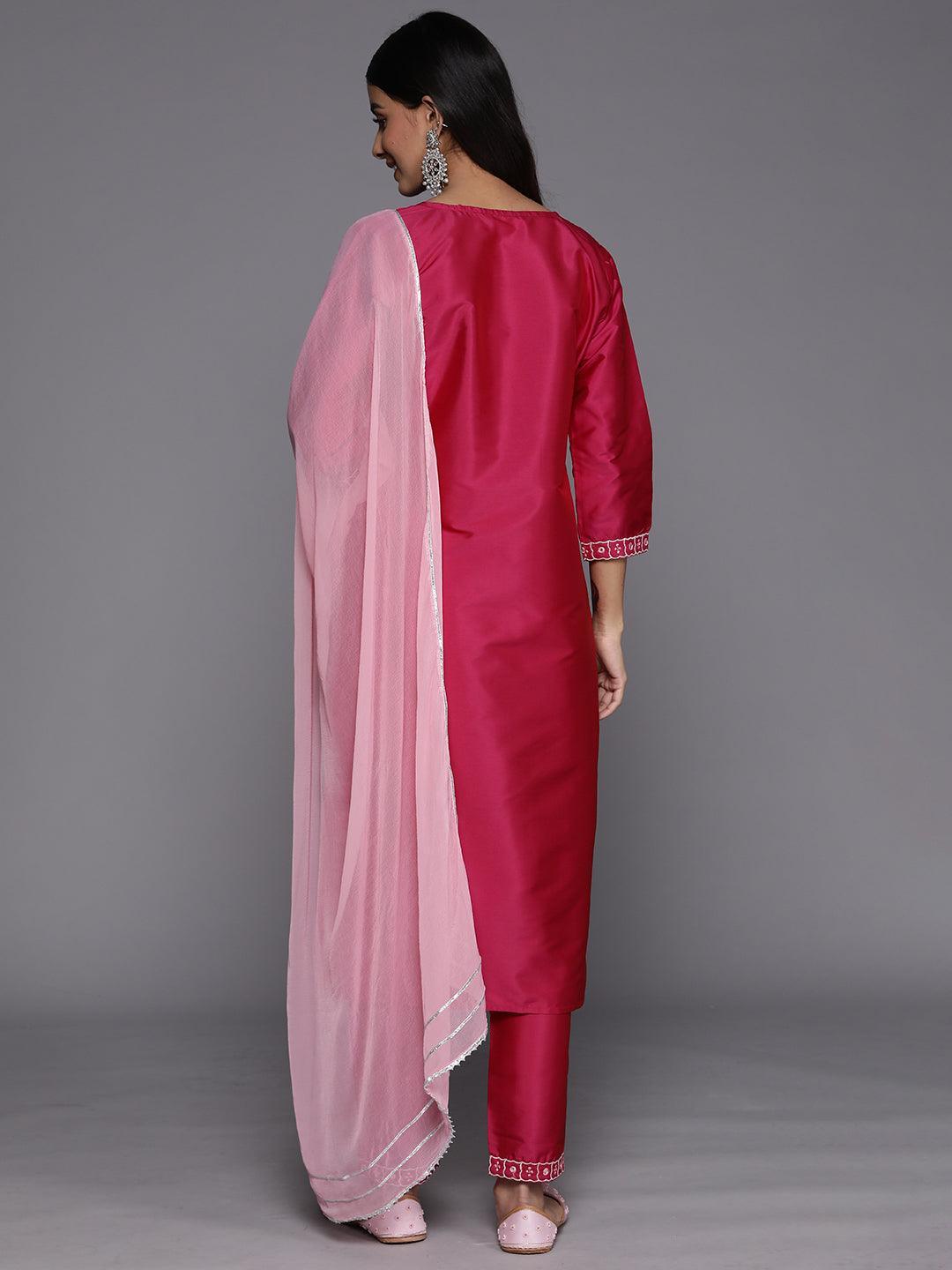 Pink Yoke Design Silk Blend Suit Set With Trousers - ShopLibas