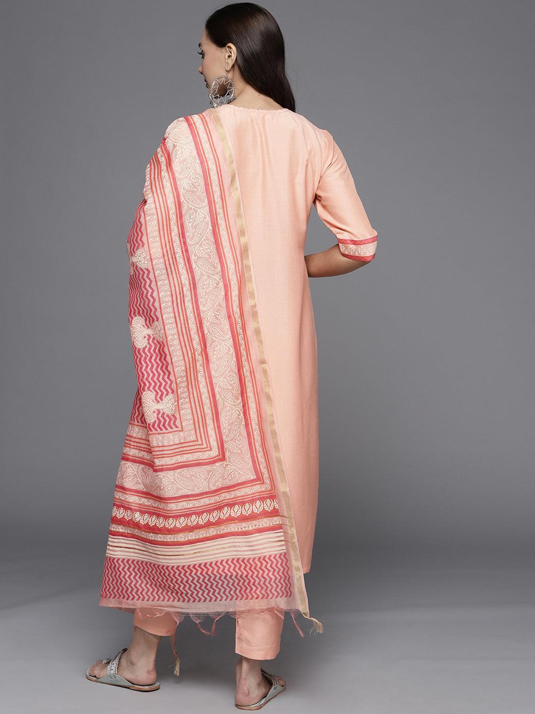 Pink Yoke Design Silk Blend Straight Suit Set