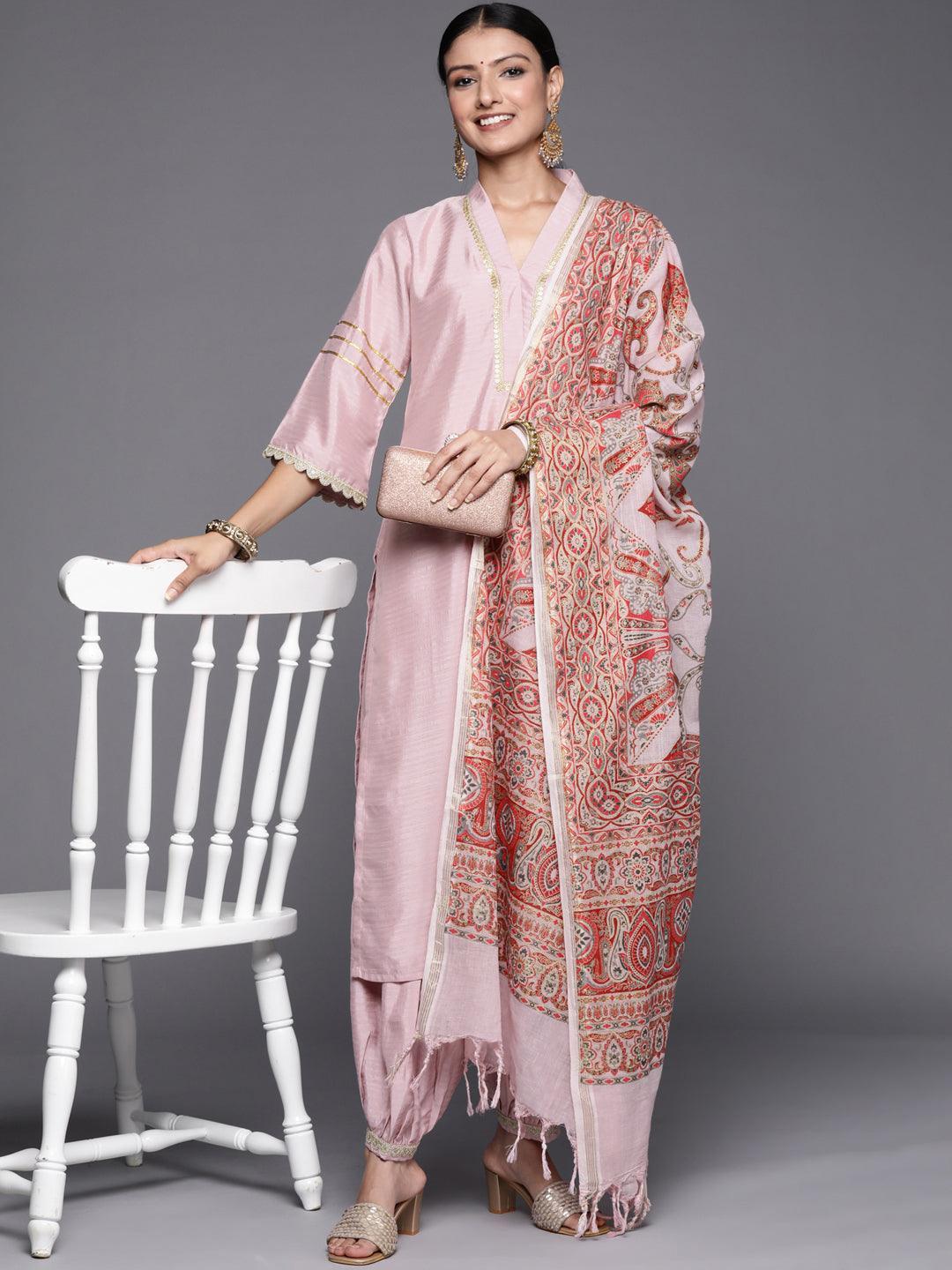 Pink Yoke Design Silk Blend Straight Suit Set