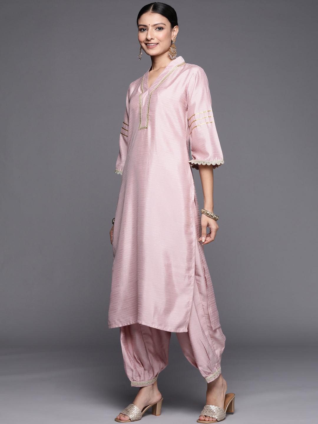 Pink Yoke Design Silk Blend Straight Suit Set