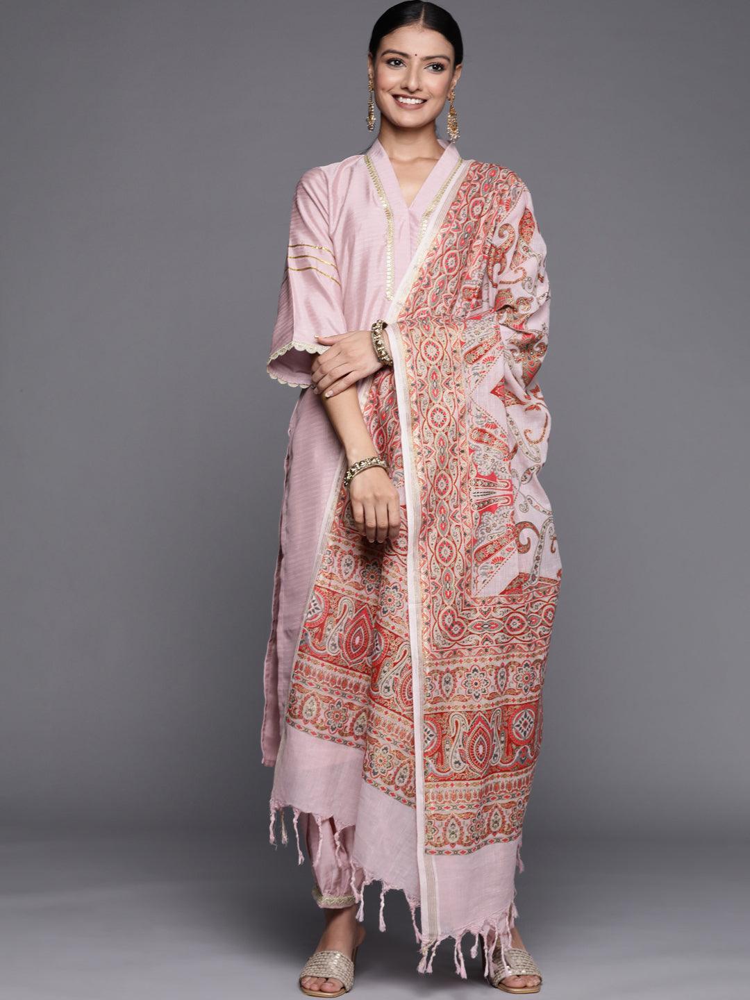 Pink Yoke Design Silk Blend Straight Suit Set