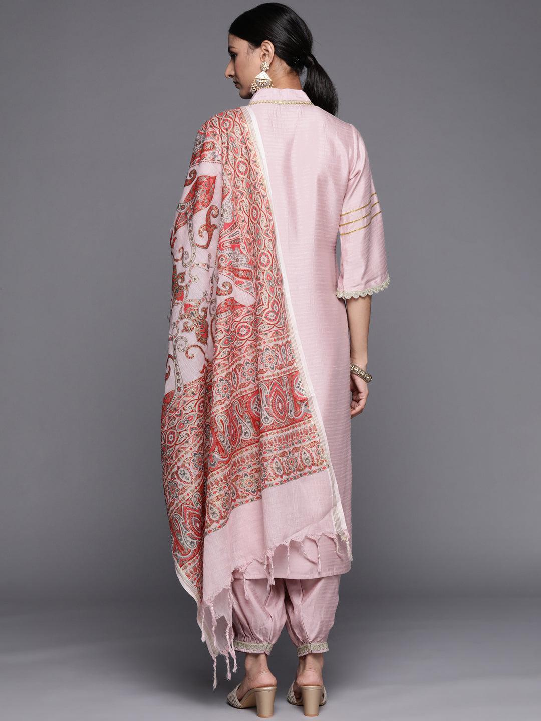 Pink Yoke Design Silk Blend Straight Suit Set